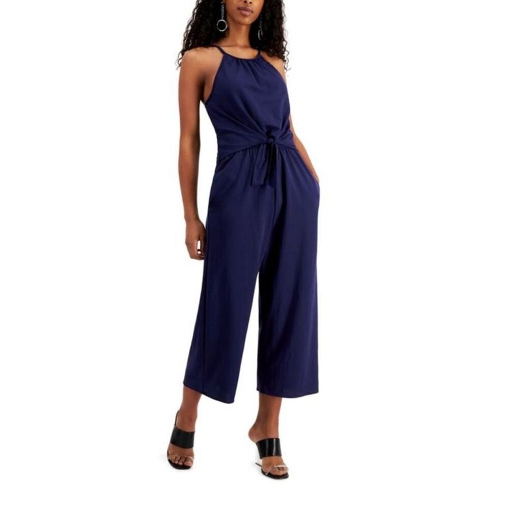 Speechless Navy Halter Tie Front Open Back Cropped Jumpsuit NWT